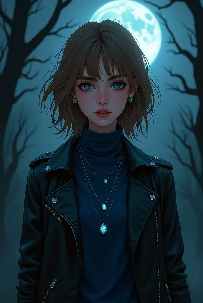 Young Brazilian human with an alternative grunge style, wearing normal clothes, fascinated by Greek mythology and supernatural creatures., deep connection with the dark forces of the night, A horror RPG, mystery and investigation set in modern times, the basic image, occultist, medium-long fringe hair, light brown hair color, very fair skin, moonstone necklace, at night with the moon, wearing a navy blue long sleeve turtleneck shirt, leather jacket, outgoing, Art cardboard, mysterious, 耳环, Paranormal order Cellbit