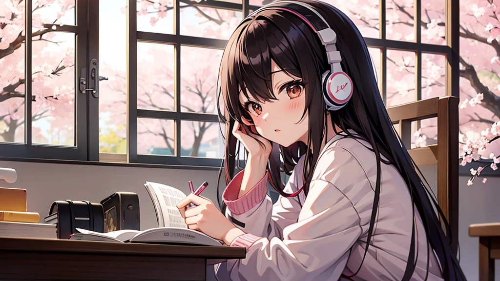In Japanese anime style、studying while listening to music through her headphones、Lighting is warm、Outside the large window, cherry blossoms are blooming wildly.、Their hair color is black or brown.