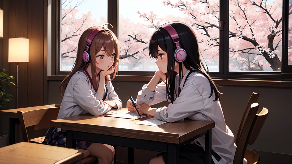 In Japanese anime style、studying while listening to music through her headphones、Lighting is warm、Outside the large window, cherry blossoms are blooming wildly.、Their hair color is black or brown.