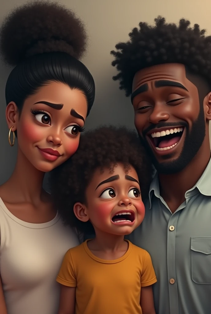 A white woman, a black man with curly hair and a brown son with curly hair crying in the middle, the black man is laughing and the white woman is sad 