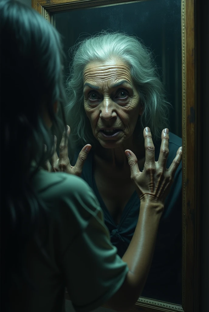 8. Old Woman Approaches
   - Scene 8: The old woman's image appears again in the mirror, this time with a more sinister face. Rina cried in fear, Budi tried to open the door by force, but failed. The old woman approached them.