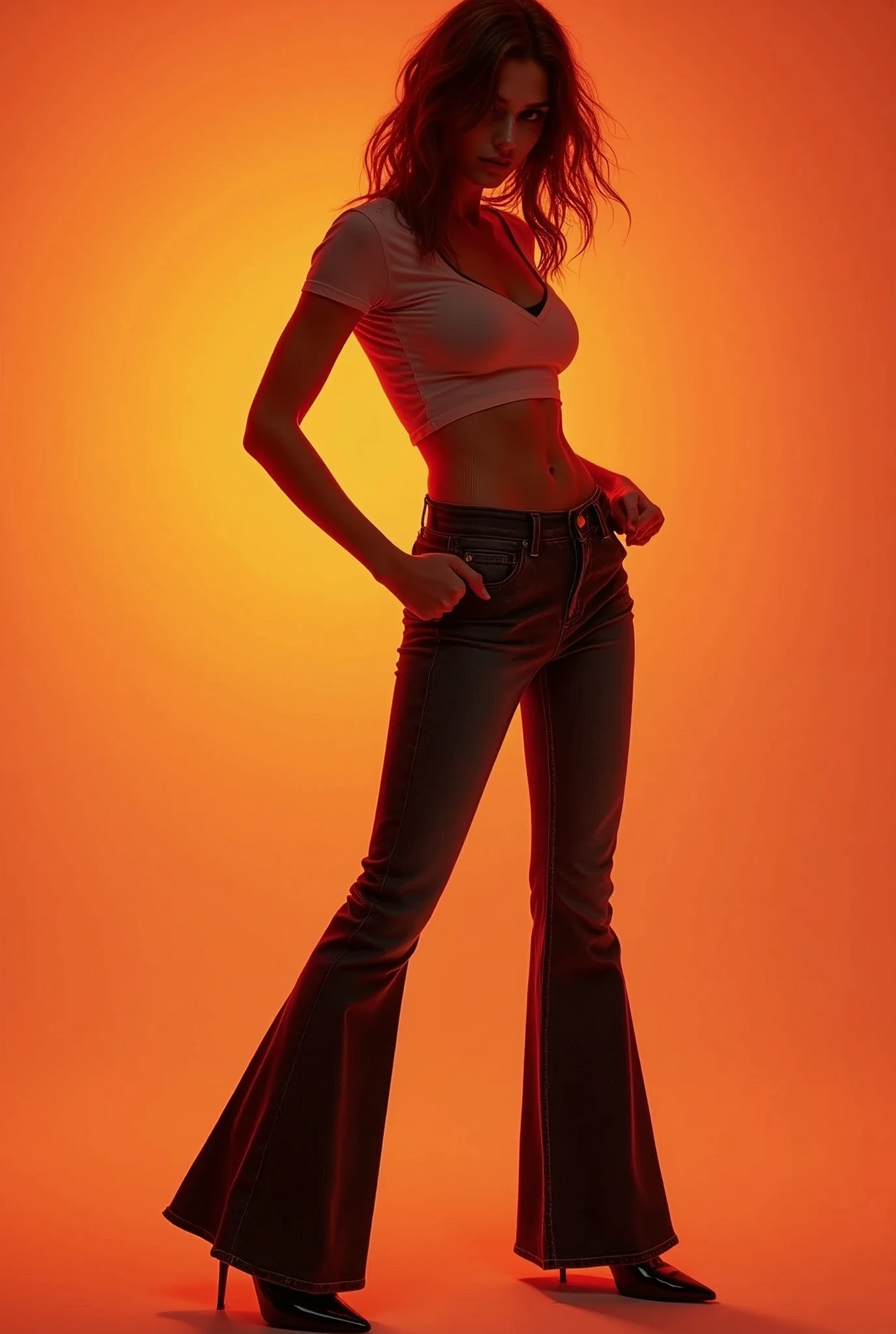 (Best Quality,4k,hight resolution,Masterpiece:1.2),Ultra-detailed,(Realistic:1.37),The beautiful wild woman, sensual challenging pose, Wide flares on tight jeans, Heels,(slim woman:1.5), (slim thighs and thigh gap: 1.5), gradient background, bright warm light. (Flared low rise jeans,skinny hips and groin showing), (tight and long tshirt:1.5), (full - body:1.5)