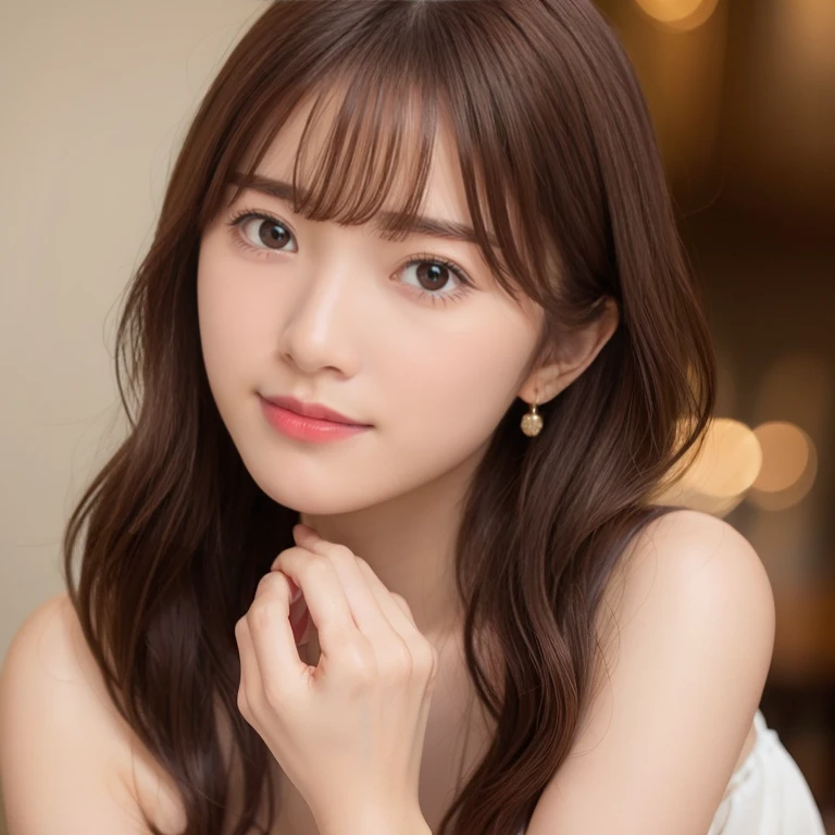 masterpiece, 最high quality,, Very detailed, In detail, High resolution,One person, Blunt bangs, smile, blush, Nogizaka、Beautiful brown eyes:1.3、, Beautiful Red Hair, Absurd, Glowing Skin, Denyve, Red enamel, jewelry, whole body, Super detailed, high quality, Artwork, Facial details, Gorgeous eyes(Detailed eyes), Perfectly balanced face