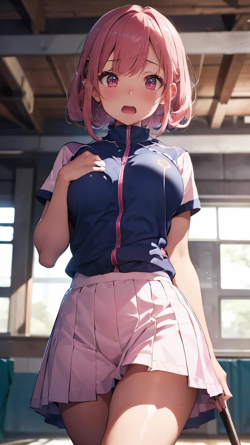 mastute piece,Best Quality,insanely detailed,8k cg,nsfw,shoot upper body,(body in front:1.1),1girl,standing,looking at viewer,(blue baton twirling uniform),open clothes,break,blush,shy,ecstasy face,gasping,(trembling:1.2)pink hair,open mouth,large breast,(indoor sports field),