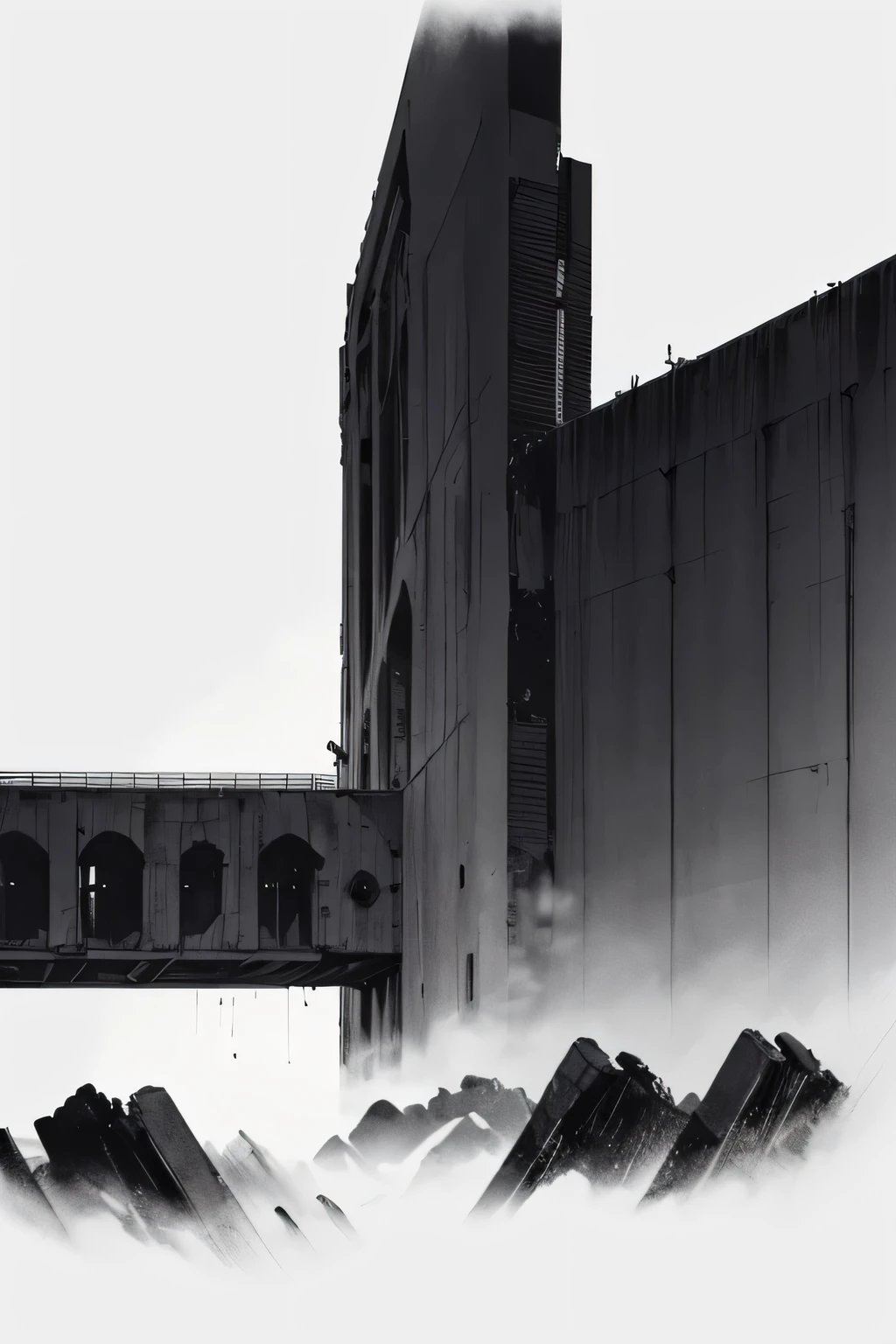 Side view of an imposing giant bridge of brutalist stone going across an imense of darkness, faint rain, black and white, dark background