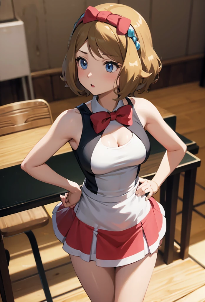 Masterpiece,Solo,1Girl,Serena,(Pokemon XY),Big Breasts,Perfect Body,Sexy Body Hot,Ultra High Quality,Ultra High Resolution,Photograph 16K,Ultra Detailed,Short Hair,Hairband,Brown Hair,Beautiful,Beautiful Girl,Classroom Background 