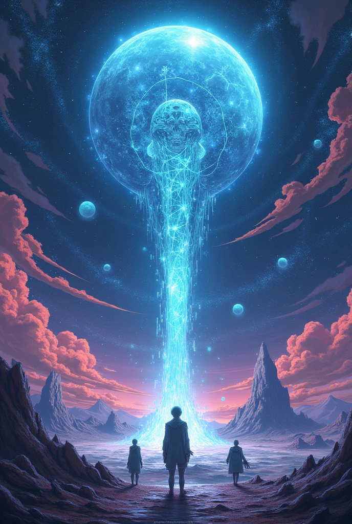 Create an animated image in the style of Record of Ragnarok by The Plasmoids ;They are intelligent plasma beings with amorphous and changing forms., residents of the gas giant Aerion. Their homes are floating energy structures, held by magnetic fields. They have a cooperative society, guided by a council of wise men, and they communicate telepathically and through electromagnetic waves, adapting these signals to interact with other species. Dedicated to cosmic exploration, They have developed robotic bodies, Exoplasmas, to facilitate your interplanetary travels.