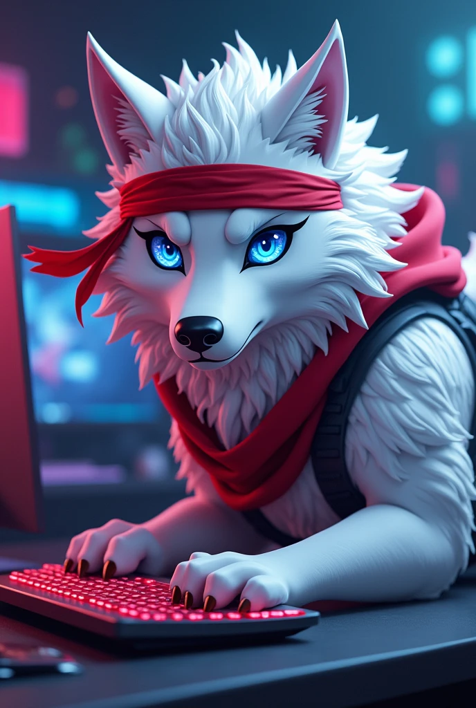 A white animated wolf with blue eyes wearing a red ninja headband, with a gamer room in the background.