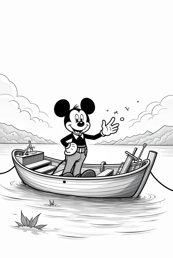 Black and white classic Mickey on a boat as a math teacher in cartoon style 
