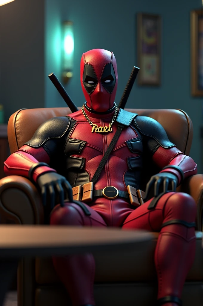 Generate a high-quality 3D image of Deadpool sitting in an armchair with a gun in his hand and a table in front of him. He should be wearing a gold chain around his neck with "Rael" written in the middle of it.