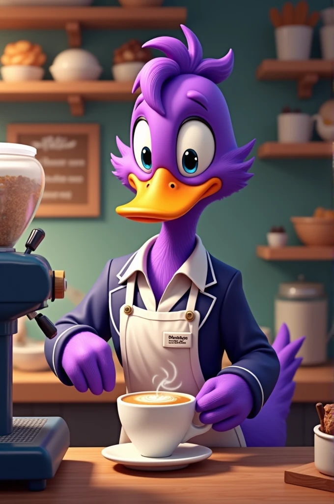 A purple duck wearing a jacket being a barista