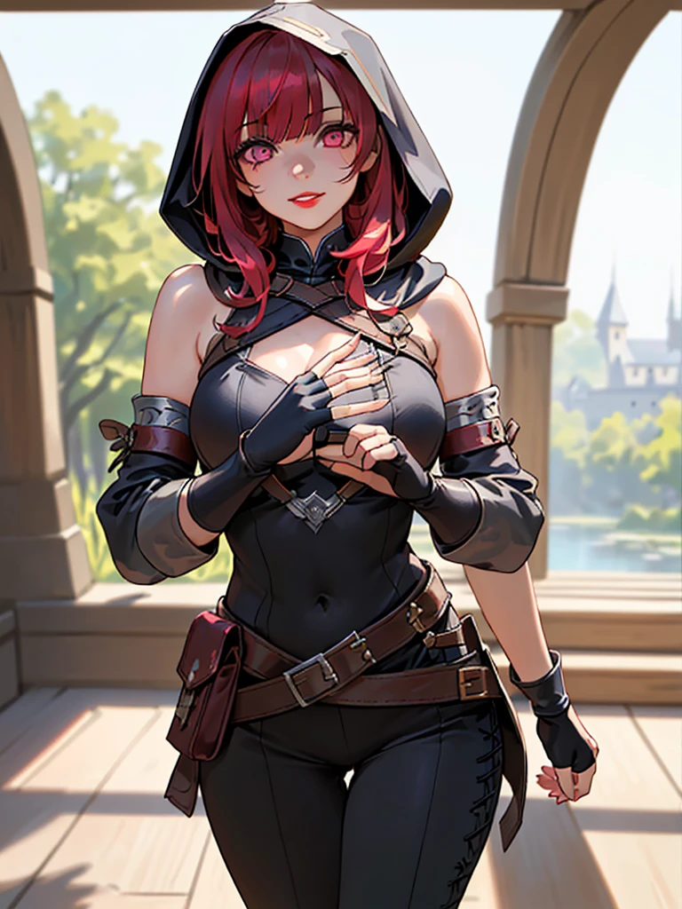 SFW (masterpiece, best quality, 32k) anime woman with short red hair ((dark red hair, bangs, diagonal bangs, straight bangs, straight hair)), ((pink eyes, detailed eyes)), ((youthful face, beautiful face, cute face, innocent face, pretty face, naive face)), ((pale skin, porcelain skin, white skin, smooth skin)), ((eyeliner, eyeshadow, lipstick, light makeup)), outside, outdoors, forest, glade, trees, grass, sky, clouds, shadow, simple background, standing, confident pose, at-ease. ((Fantasy outfit, medieval outfit, medieval fantasy outfit, thief, rogue, bard, Spellthief, black mage, warrior, loose robe, shoulder cutout, bare shoulders, hooded robe, harness, chest harness, framed breasts, detached sleeves, fingerless gloves, belts, pouches, pants:1.5)), ((huge breasts, round breasts:2, heavy breasts:1.5, framed breasts)), ((slim:1.4, lithe:1.4, slender:1.4, thin:1.4, busty:1.2, buxom:1.2)), ((round hips, thin waist, waspish waist)), ((long legs, slender legs)), small smile ((full lips, red lips)), ((serene expression, calm expression, content expression)), open eyes, large eyes, expressive eyes, head-to-waist portrait, cinematics, color oil painting, cinematic lighting, ((extremely detailed face)), ((finely detailed face)), Extremely detailed eyes, finely detailed eyes, beautiful face, beautiful eyes, perfect lighting, depth of field, (realistic proportions), (good anatomy), ((solo:1.6)), ((1girl:1.6))