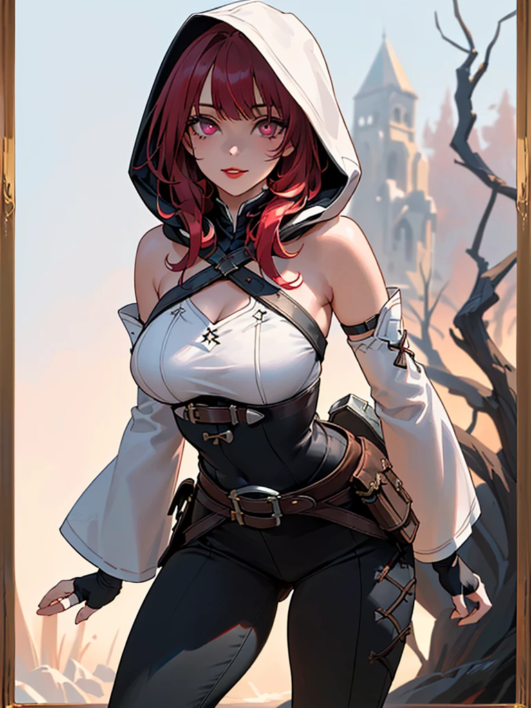 SFW (masterpiece, best quality, 32k) anime woman with short red hair ((dark red hair, bangs, diagonal bangs, straight bangs, straight hair)), ((pink eyes, detailed eyes)), ((youthful face, beautiful face, cute face, innocent face, pretty face, naive face)), ((pale skin, porcelain skin, white skin, smooth skin)), ((eyeliner, eyeshadow, lipstick, light makeup)), outside, outdoors, forest, glade, trees, grass, sky, clouds, shadow, simple background, standing, confident pose, at-ease. ((Fantasy outfit, medieval outfit, medieval fantasy outfit, thief, rogue, bard, Spellthief, black mage, warrior, loose robe, shoulder cutout, bare shoulders, hooded robe, harness, chest harness, framed breasts, detached sleeves, fingerless gloves, belts, pouches, pants:1.5)), ((huge breasts, round breasts:2, heavy breasts:1.5, framed breasts)), ((slim:1.4, lithe:1.4, slender:1.4, thin:1.4, busty:1.2, buxom:1.2)), ((round hips, thin waist, waspish waist)), ((long legs, slender legs)), small smile ((full lips, red lips)), ((serene expression, calm expression, content expression)), open eyes, large eyes, expressive eyes, head-to-waist portrait, cinematics, color oil painting, cinematic lighting, ((extremely detailed face)), ((finely detailed face)), Extremely detailed eyes, finely detailed eyes, beautiful face, beautiful eyes, perfect lighting, depth of field, (realistic proportions), (good anatomy), ((solo:1.6)), ((1girl:1.6))