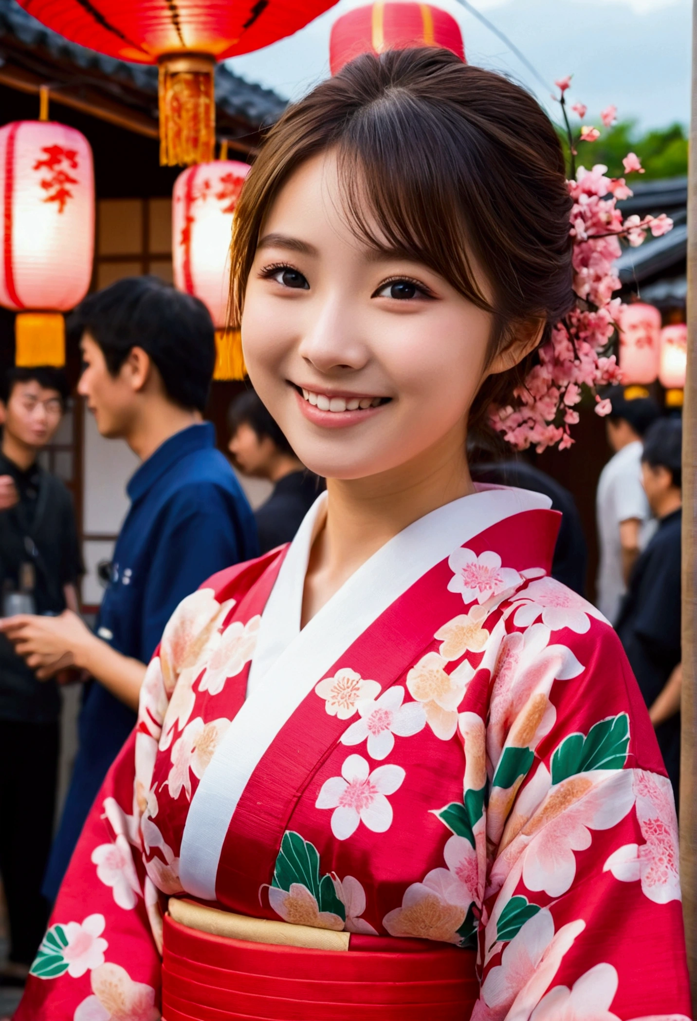A very cute face like an idol、A 20-year-old woman who looks young、Smiling Kindly、Wearing a yukata、Cleavage、night、Walking through a Japanese festival、Natural light、whole body、High level of artistry