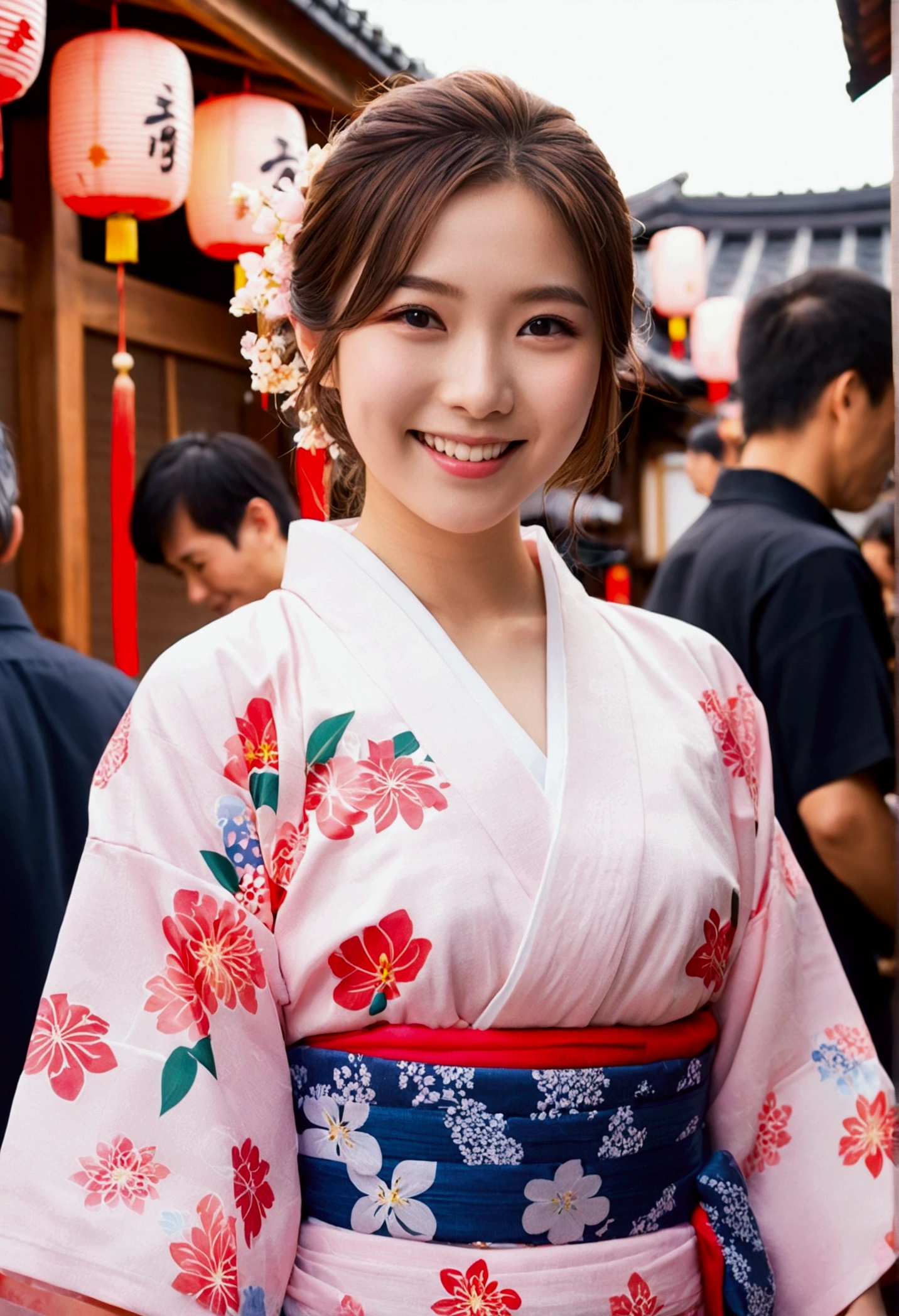 A very cute face like an idol、A 20-year-old woman who looks young、Smiling Kindly、Wearing a yukata、Cleavage、night、Walking through a Japanese festival、Natural light、whole body、High level of artistry