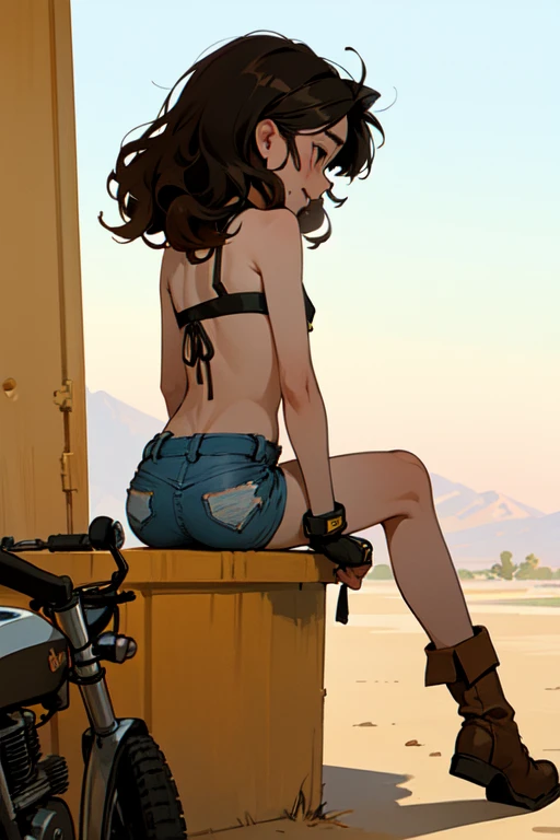 (masterpiece, Highest quality, Highest quality),One small young girl，Baby Face， alone，Very short stature，Flat Chest，Thin limbs，smile，View your viewers, Background modified motorcycle，boots，Gas station in the desert, Thin lips, From behind, ((Woman from Texas)) Long Curly Hair, Fingerless gloves, (Bikini top and jean shorts), Sitting on a bike, (From behind), (live-action, Intricate details, Depth of written boundary), Very detailed，Semi-realistic, 11 years old，Short Hair，(goggles)，whole body，