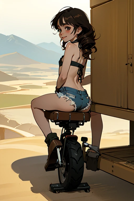 (masterpiece, Highest quality, Highest quality),One small young girl，Baby Face， alone，Very short stature，Flat Chest，Thin limbs，smile，View your viewers, Background modified motorcycle，boots，Gas station in the desert, Thin lips, From behind, ((Woman from Texas)) Long Curly Hair, Fingerless gloves, (Bikini top and jean shorts), Sitting on a bike, (From behind), (live-action, Intricate details, Depth of written boundary), Very detailed，Semi-realistic, 11 years old，Short Hair，(goggles)，whole body，