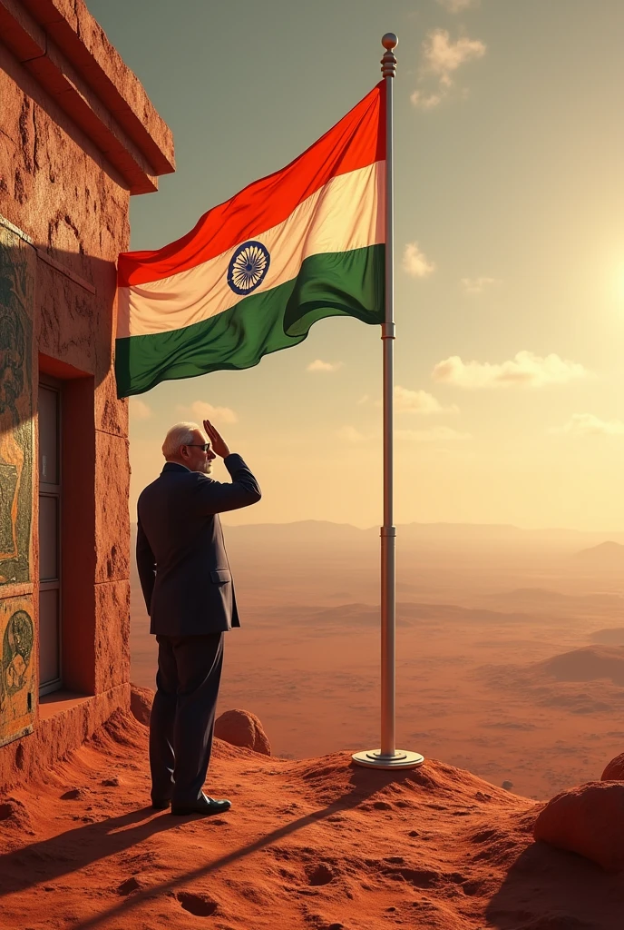 Indian flag in mars
Where indian p.m standing near the flag with salute
There is a wall nearby with art of Indian fight