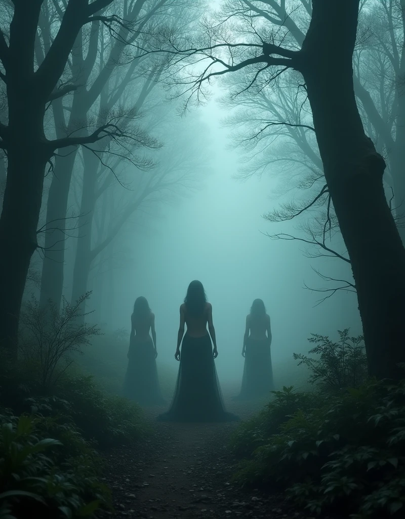 A mysterious and enchanting forest shrouded in mist, with multiple silhouettes of nude female figures deep within the woods, detailed realistic portrait, dramatic dramatic lighting, dramatic cinematic, highly detailed, cinematic composition, dark and moody, ethereal, surreal, fantasy, photorealistic, ultra-detailed, 8k, best quality, masterpiece