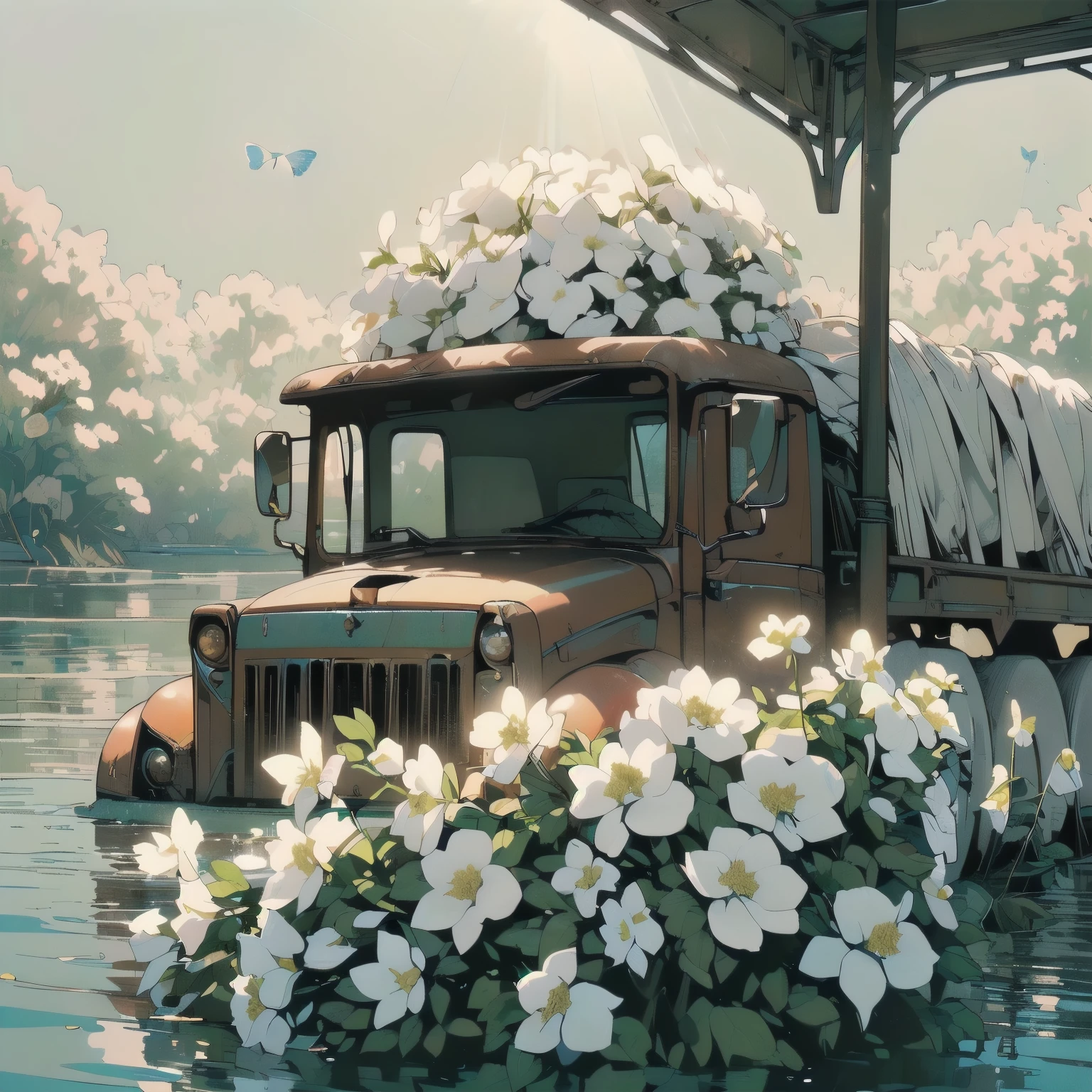 (((Masterpiece, top quality))), (((32K wallpaper))), ultra high resolution, (((close-up))), gorgeous light leak, (((backlit))), highly detailed background, top quality, (((no humans))), highly transparent river, (((extremely detailed rusty heavy truck with many white flowers)), (((( very dull color )))), (((( white flowers in the water))), (((butterfly))),(((Strong light shines in)))