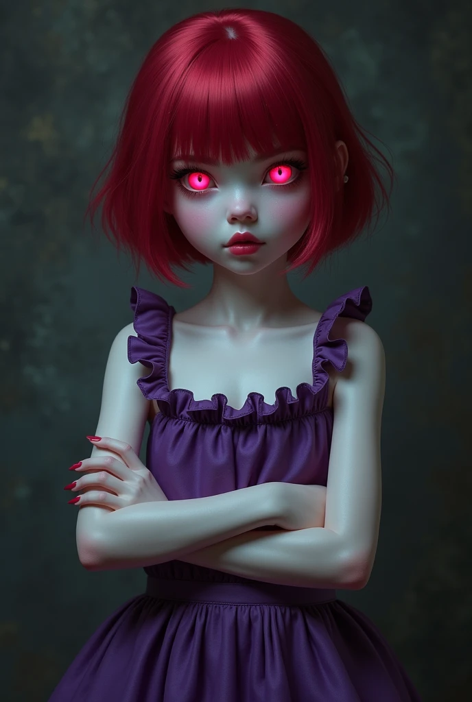 19-year-old girl with pale white skin, bright blood red short hair, With Nordic features
, pink eyes, cold and indifferent And boring, look, wearing a purple gothic short dress,Crossing arms