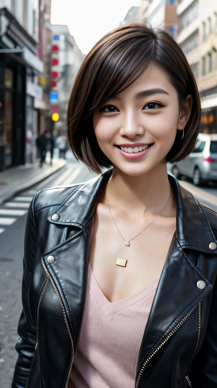 Super Resolution、Beautiful Japanese Women、Short Haircut、、ear piercing、necklace、leather jacket、shirt、smile、Beautiful teeth alignment、The background is a city street