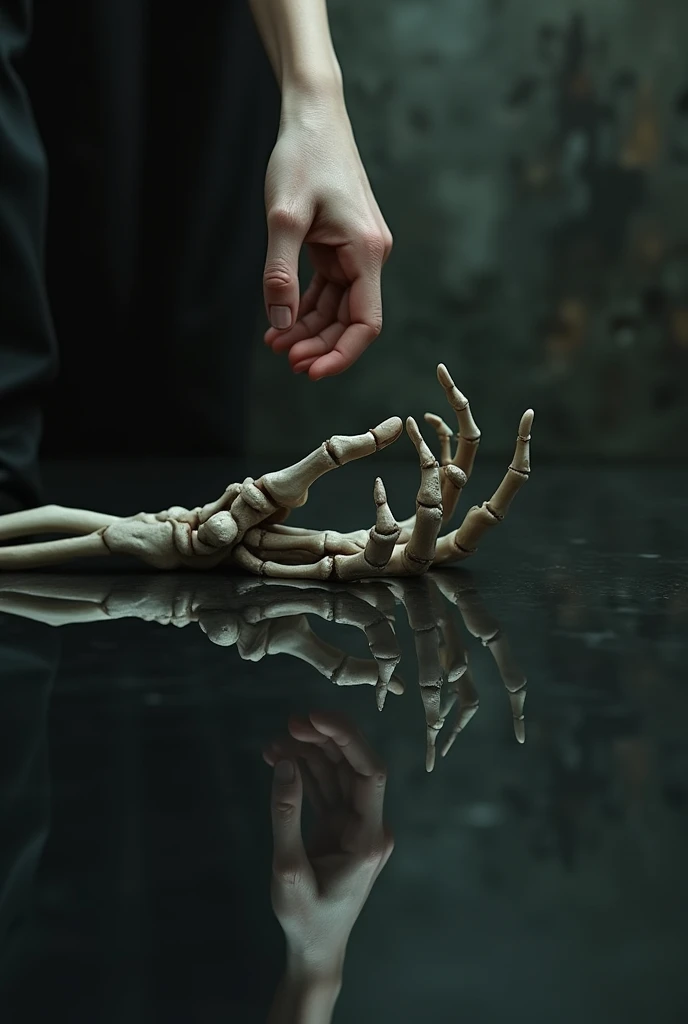 A normal hand facing another skeletal hand In a mirror one from above the other from below 