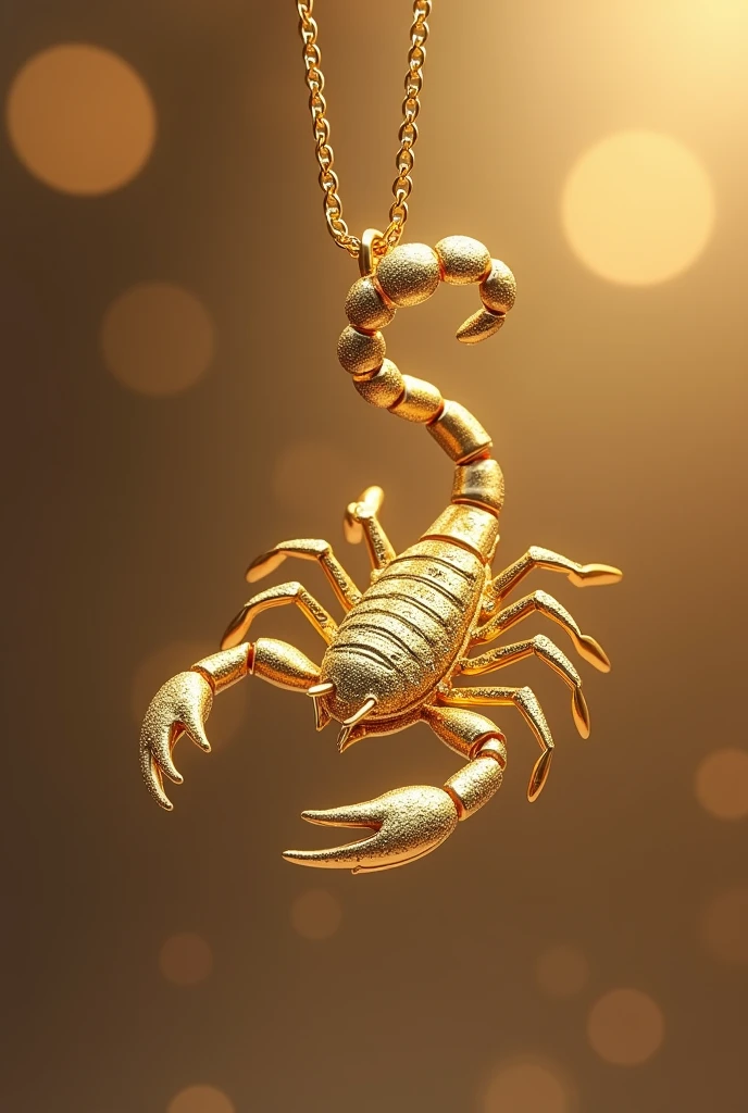 "A stunning pendant design in the shape of a Scorpio zodiac sign, meticulously crafted from pure gold. The Scorpio’s tail curls gracefully, with each segment of the body and claws rendered in exquisite detail. The gold surface is flawlessly polished, giving the pendant a luxurious shine that catches the light beautifully. Tiny, intricate patterns are engraved on the body to highlight the natural texture and add depth. The pendant hangs from a fine, elegant gold chain, with the entire piece exuding sophistication and high craftsmanship. The image is rendered in 8K clarity, allowing every detail, from the smooth curves to the delicate engravings, to be visible with perfect sharpness. The background is a soft, out-of-focus gradient that enhances the pendant's golden hue, making it the centerpiece of the composition."