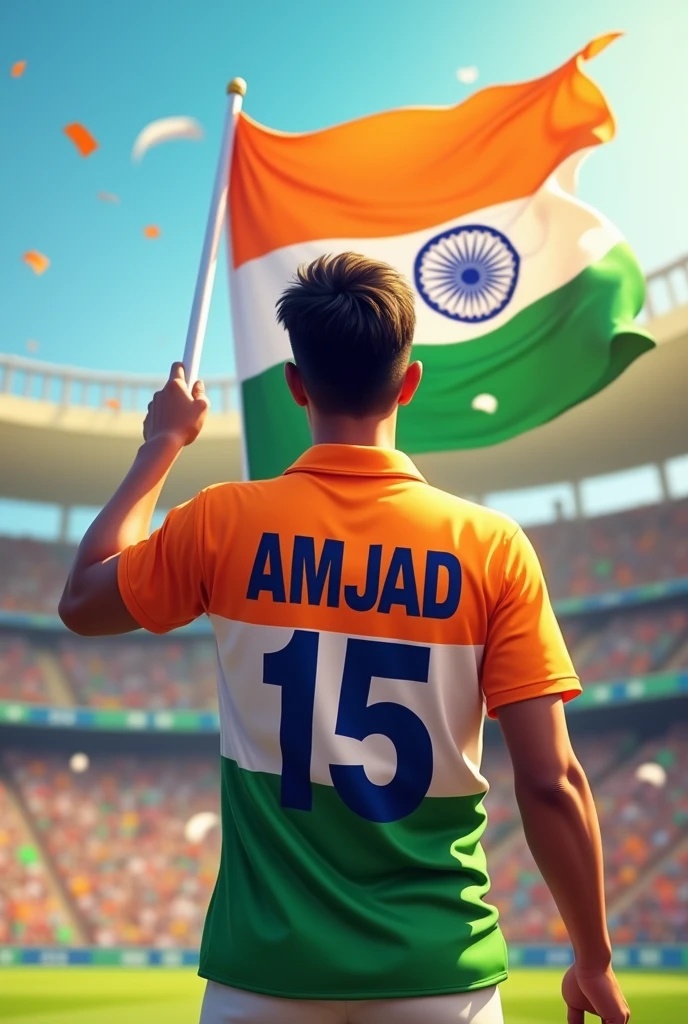 A 30 years old man celebrating indipendance day, with national flag of Bharat in a cricket stadium and he is wearing a shirt print is like Bharat flag and " AMJAD " and 15 number and independence day in small written on it's back in big and bold fonts, 3d illustration.