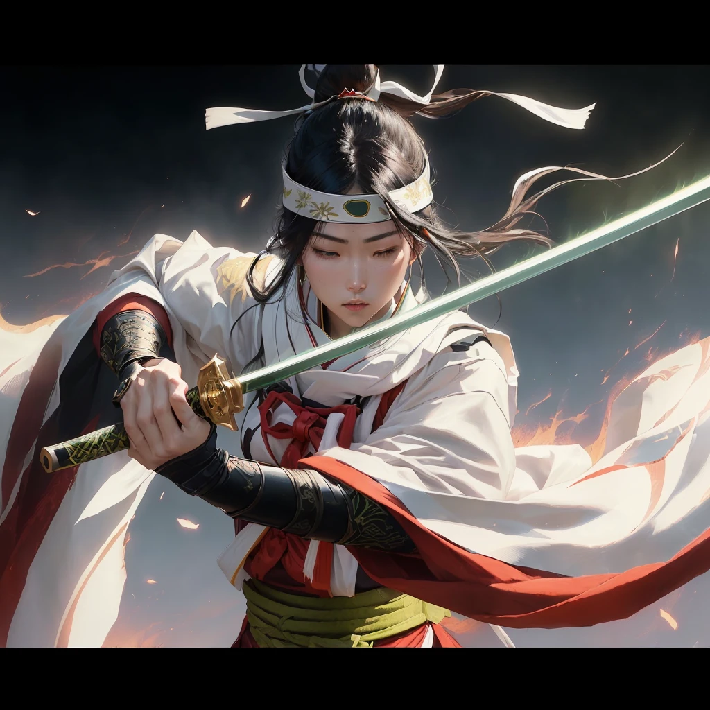 Masterpiece. Highest quality. Dynamic portrait of young Japanese warrior woman, three-quarter view facing right. Closed eyes, furrowed brows. Long black hair in high ponytail, loose strands framing face. White headband with green gem. Pale skin, pink cheeks and lips. White kosode, red hakama, green-yellow obi, dark arm wraps. Gripping katana diagonally, ornate green and gold hilt. Motion-filled pose, flowing clothing and hair. Dark, abstract background with no distinct objects or scenery. Hints of orange-red suggesting embers or energy, floating sparks. Dramatic lighting from upper left, creating rim light effect. Style blends traditional Japanese art with modern fantasy, emphasizing clean lines, movement, and power.