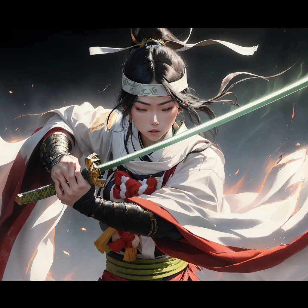 Masterpiece. Highest quality. Dynamic portrait of young Japanese warrior woman, three-quarter view facing right. Closed eyes, furrowed brows. Long black hair in high ponytail, loose strands framing face. White headband with green gem. Pale skin, pink cheeks and lips. White kosode, red hakama, green-yellow obi, dark arm wraps. Gripping katana diagonally, ornate green and gold hilt. Motion-filled pose, flowing clothing and hair. Dark, abstract background with no distinct objects or scenery. Hints of orange-red suggesting embers or energy, floating sparks. Dramatic lighting from upper left, creating rim light effect. Style blends traditional Japanese art with modern fantasy, emphasizing clean lines, movement, and power.