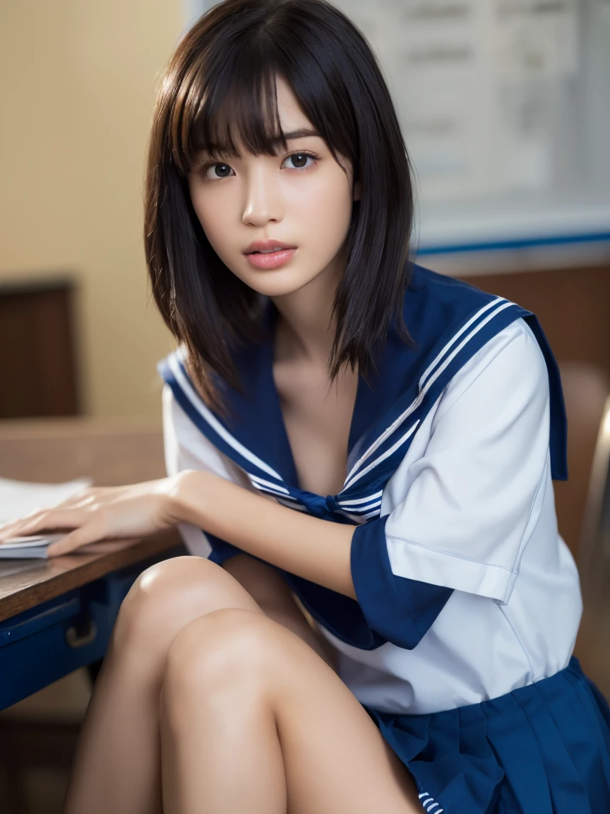 (masterpiece:1.2), Very detailed, Ultra-high resolution, (Realistic, photo Realistic:1.6), High-resolution RAW color photos, Professional photos, Sharp focus:1.2, (Very detailed顔と肌の質感, Very beautiful eyes, Glossのある肌, Glowing Skin, Glowing Skin, Shining Face, Gloss, Oily skin, greasy face, Oily skin, greasy face,),, (real Glossのある肌 texture), Perfect Anatomy, Very detailed背景,(High school classroom at night),25-year-old woman, Japanese women,Height: 168cm,(short hair, Straight hair, bangs, Brown Hair),((Flat Chest:1.6)),(Slender legs), ((((White short-sleeved sailor suit、Navy blue pleated skirt:1.5、Sexy bra in sailor suit:1.5)))、(Sit at a desk hugging your knees:1.4),(((Wet and sheer sailor suit:1.5、The shadow of the bra is visible.)))
