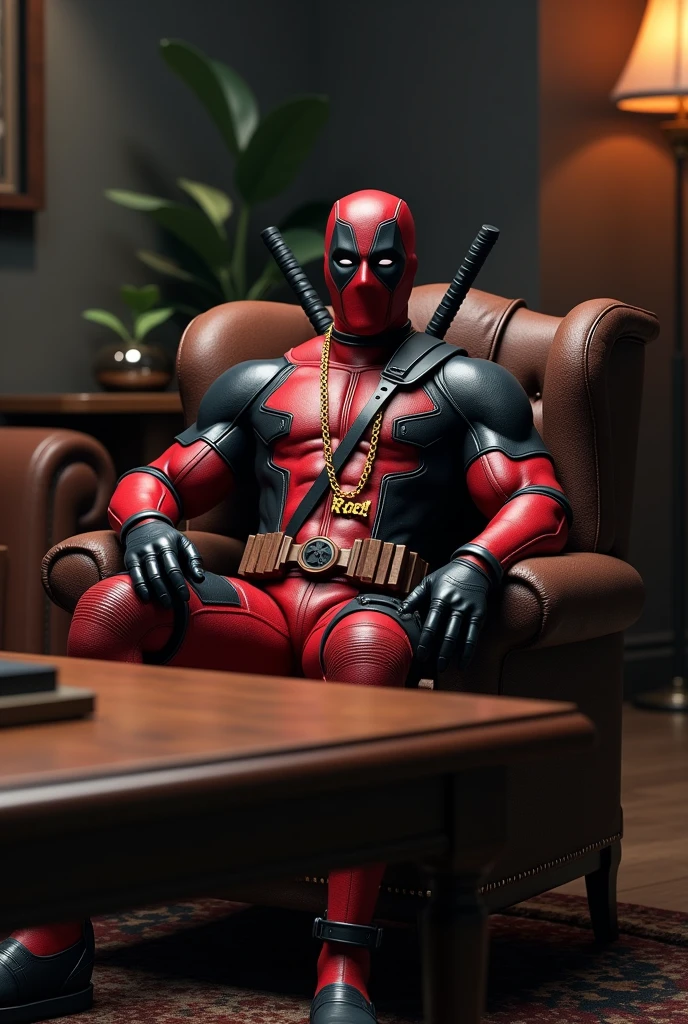 Generate a high-quality 3D image of Deadpool sitting in an armchair with a gun in his hand and a table in front of him. He should be wearing a gold chain around his neck with "Rael" written in the middle of it.