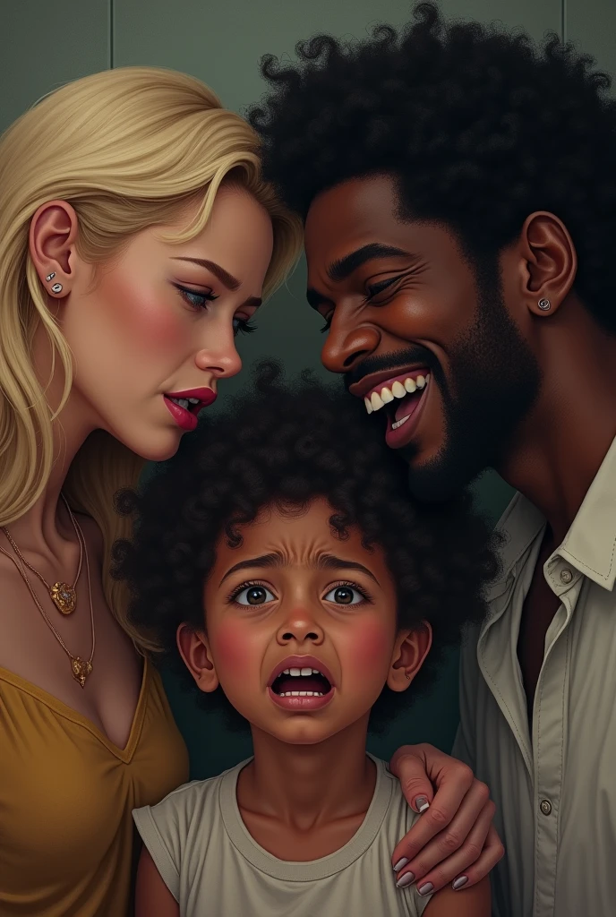 A blonde white woman, a black man with curly hair and a brown son with curly hair crying in the middle, the black man is laughing and the white woman is sad