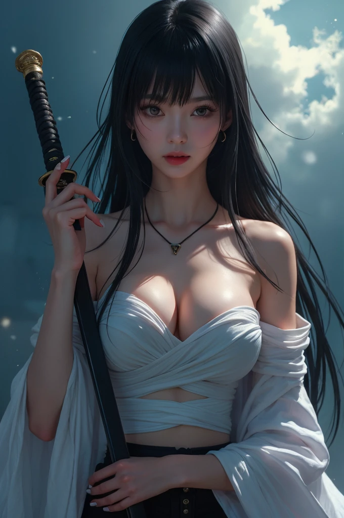 The portrait of Beautiful Japanese woman , dark shadow, cute, black long hair, samurai armor , naked on top, white strapless bandage warp around her chests , fair skin, highly detailed, full body, beautiful detailed eyes, looking at viewer, Samurai sword, katana, swing a weapon, shining weapon , ryokan, dynamic pose, cinematic lighting