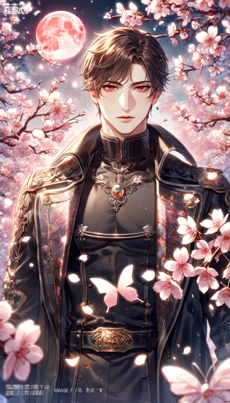absurdres, highres, ultra detailed, HDR, master piece, best quality, extremely detailed face, delicated features, Jiu Qin, dark brown hair, expressive red eyes, Quanqiu Gaokao, solo, sexy man, handsome, sensual, black trench coat, black tight turtleneck shirt, belts, black gloves, fantasy, magical, cherry blossoms, pink flowers, pink butterflies, pink petals, pink moon, garden