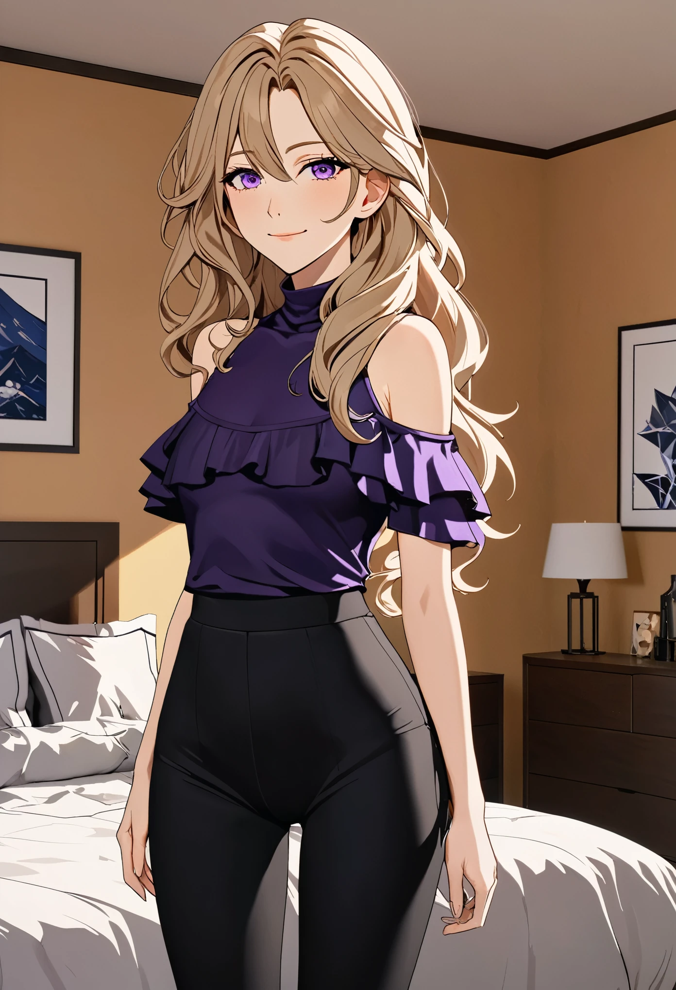 (masterpiece), (high resolution, 8k), (high detailed), woman mature, tall, (wavy long hair (dark blonde)), beautiful face, (close mouth:1.2), tired smile, small breast flat, wearing dark amethyst colored crystal themed cold shoulder asymmetric top, black leggings pants with skirts layers, standing on bedroom, anime style, unaestheticXL_bp5, SimplePositiveXLv2
