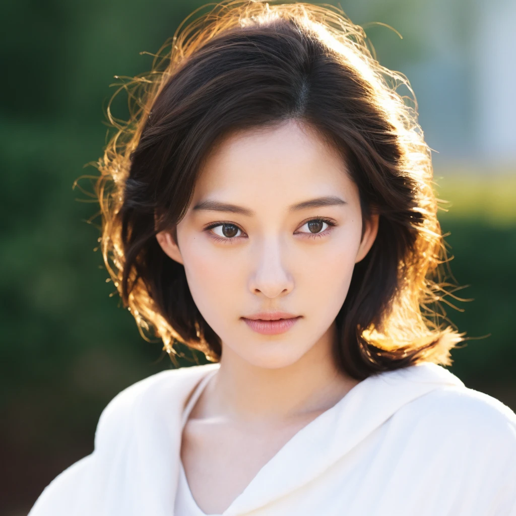 1girl, upper body, Realistic photograph best quality portrait of a beautiful gorgeous young cute Asian woman, 24yo., looking at viewer, detailed face, Realistic texture human skin, bright glowing face, droopy hooded eyes, wavy nose, wind tousled short hair, seaside, (((young Marion Cotillard blended face mixed with young Anne Hathaway))), wearing white monk clothes, hand up to swing up hair, flirting smiling portrayal, ethereal girl, intimate lighting sturdy, real photo, brown eyes, best quality, masterpiece, Leica SL3, Summicron-SL 75mm ASPH, F/1.8, (cinematic still:1.2), Film Never Die Kiro 400 film, bokeh, rim lighting, silhouette, shallowed depth of field,