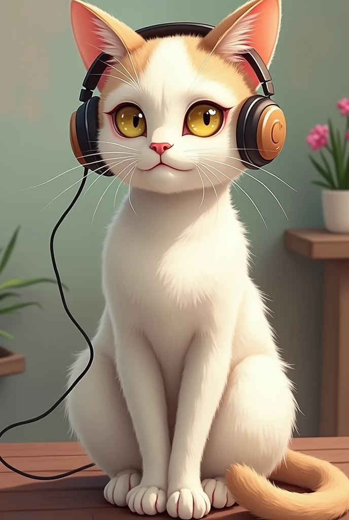 A white cat wearing headphones。has a bit of brown mixed in its fur。The nose is pink。Cool impression。Anime Style。Eye color: yellow。Painterly。Old cat。