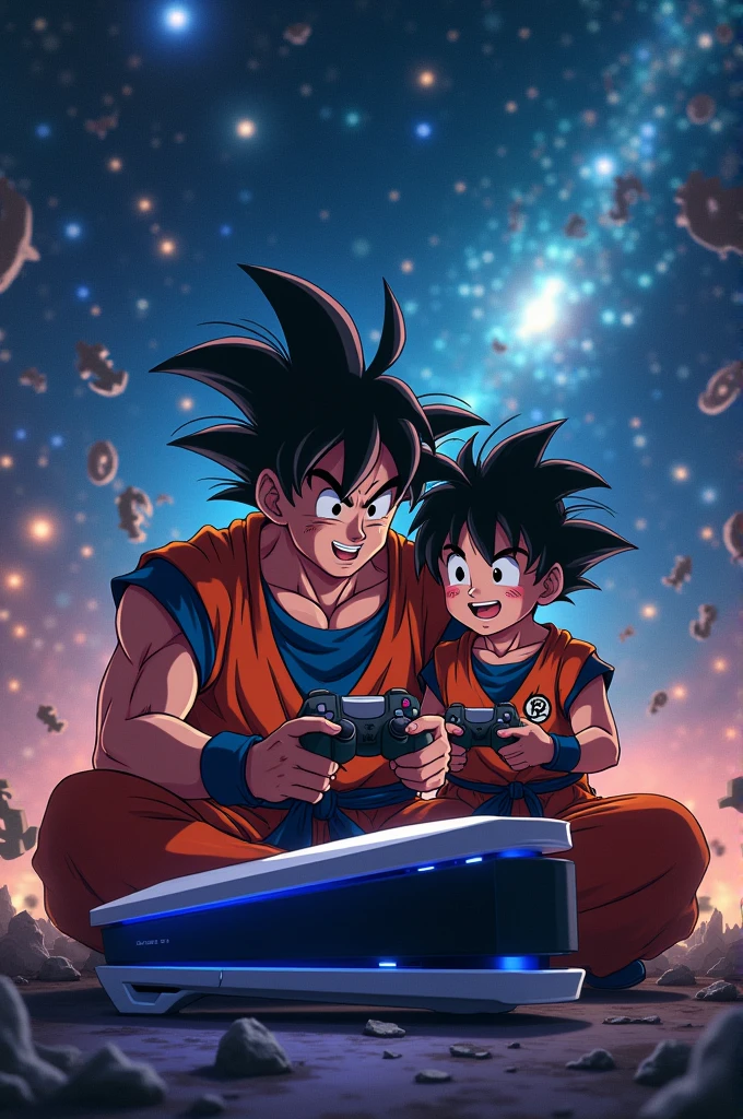 Goku with Gohan playing PlayStation 5 in the space where the dollar system is seen
