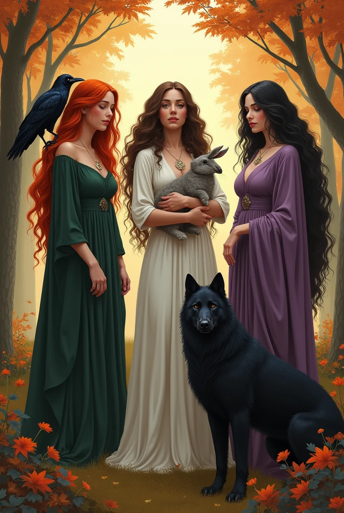Phone wallpaper, Earthy tones, peaceful. Goddess Freya redhead straight hair dressed in dark green with a raven on her shoulder, 
Also the goddess Kore with long dark brown curly hair dressed in short white Kore with a gray and white rabbit in her arms Kore shorter
And Hekate older dressed in purple, wavy black hair and a black wolf at her feet. 2D drawing. Forest background in autumn twilight
