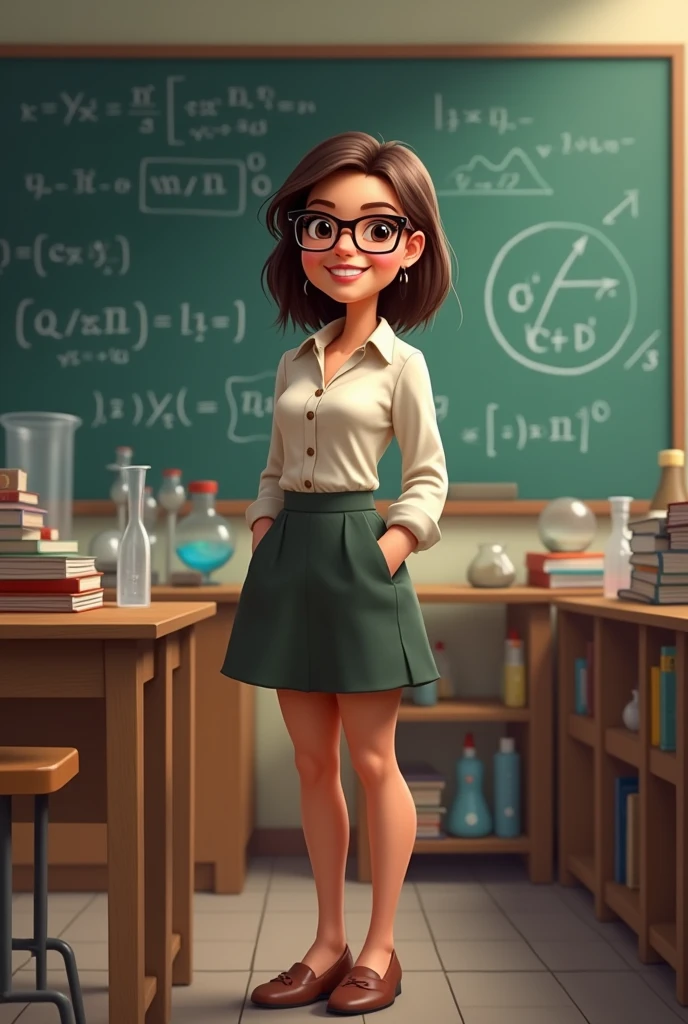   create a FEMALE brunette physics teacher, straight hair, A little chubby,  with a small butt and glasses
