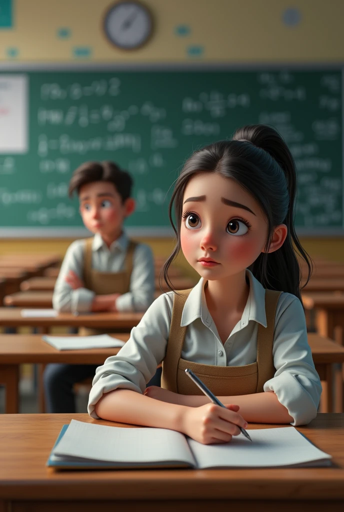 In a math class, a girl paying attention and taking notes while a boy in the back is worried about not understanding the class