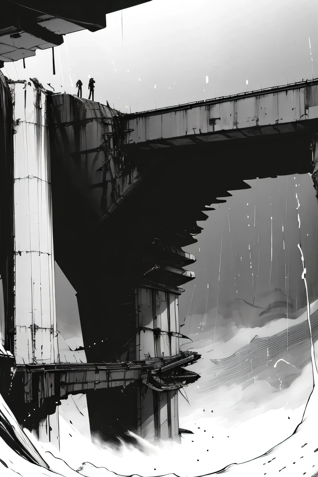 Side view of an imposing giant bridge of brutalist stone going across an imense of darkness, faint rain, black and white, dark background