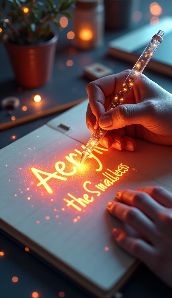 A mesmerizing, hyper-realistic 16K 3D illustration captures a magical moment of pure creativity. A talented artist, with thin fingers, Masterfully draft a message in Spanish, "Aeryn -- (the_Smallness) ", in a notebook. El texto está compuesto de Vibrantse, Sepia stars that smoothly transition across the spectrum.. The hand of the artist, holding a transparent pen filled with radiant stars, it's exquisitely detailed, symbolizing unlimited creativity and imagination. The background is a three-dimensional sketchbook with elements scattered throughout.., adding depth and dimension to this captivating, GAMEffiti-inspired scene. The illustration radiates energy, motion, and Vibrant colors, making it a true work of art that celebrates creativity and imagination.., GAME, cinematographic, Vibrant, GAMEffiti, chart, typoGAMEphy, product, illustration, Photo, 3d rendering, fashion, dark fantasy