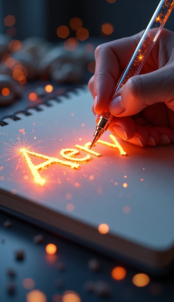 A mesmerizing, hyper-realistic 16K 3D illustration captures a magical moment of pure creativity. A talented artist, with thin fingers, Masterfully draft a message in Spanish, "Aeryn -- (the_Smallness) ", in a notebook. El texto está compuesto de Vibrantse, Sepia stars that smoothly transition across the spectrum.. The hand of the artist, holding a transparent pen filled with radiant stars, it's exquisitely detailed, symbolizing unlimited creativity and imagination. The background is a three-dimensional sketchbook with elements scattered throughout.., adding depth and dimension to this captivating, GAMEffiti-inspired scene. The illustration radiates energy, motion, and Vibrant colors, making it a true work of art that celebrates creativity and imagination.., GAME, cinematographic, Vibrant, GAMEffiti, chart, typoGAMEphy, product, illustration, Photo, 3d rendering, fashion, dark fantasy