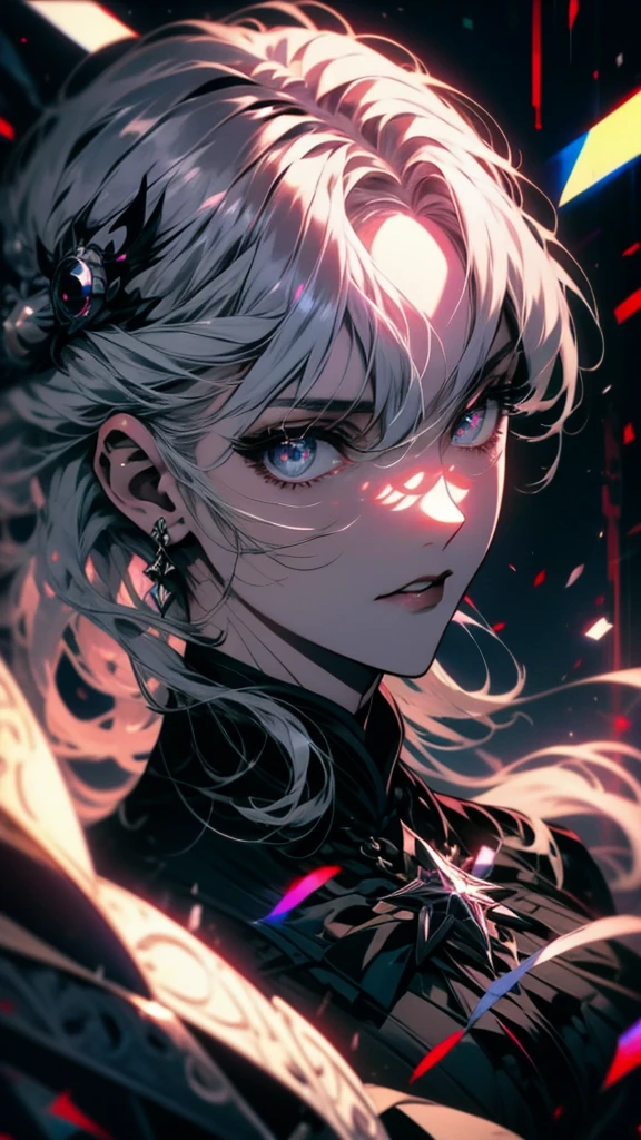 An anime girl with white hair and a black dress holding a fan, Gothic Maiden anime girl, Gray-haired deity, Silver-haired madman, Female Vampire Knight, From desire, Gray-haired lady, Favorite character, Gray-haired, Nightcore, Gothic Maiden, Gray-haired, anime style like fate/Stay Night, dark witch character, A girl with a luminous lens flare ghost