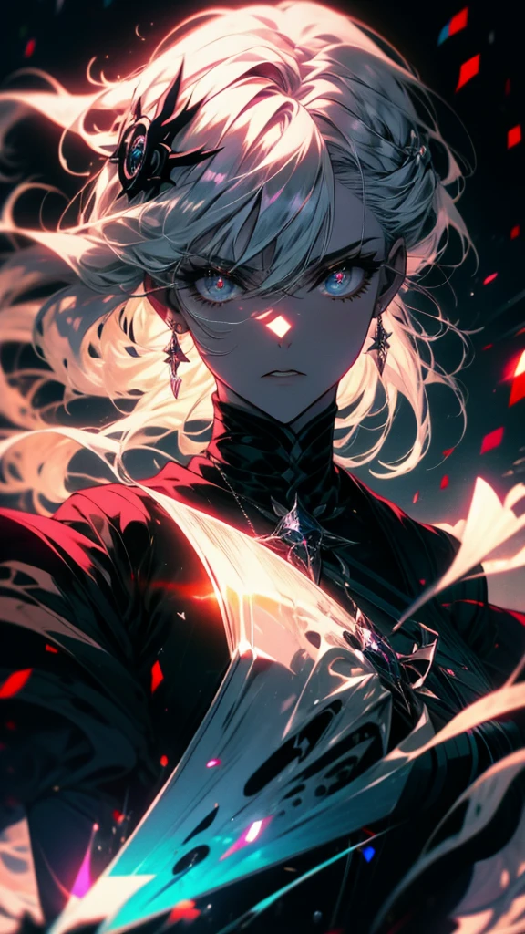 An anime girl with white hair and a black dress holding a fan, Gothic Maiden anime girl, Gray-haired deity, Silver-haired madman, Female Vampire Knight, From desire, Gray-haired lady, Favorite character, Gray-haired, Nightcore, Gothic Maiden, Gray-haired, anime style like fate/Stay Night, dark witch character, A girl with a luminous lens flare ghost