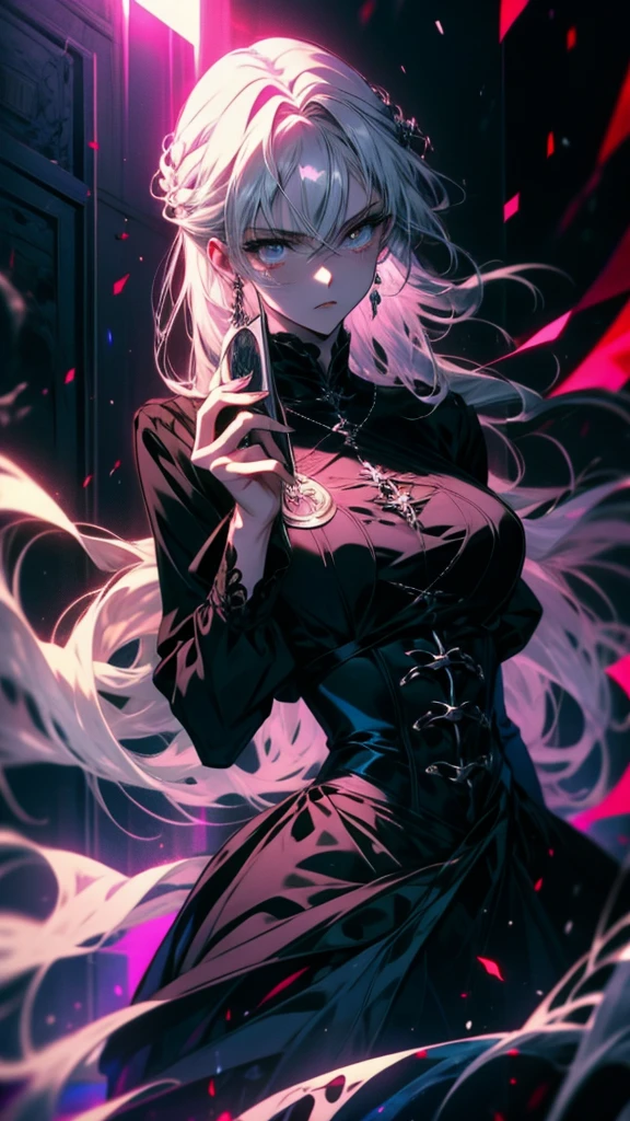 An anime girl with white hair and a black dress holding a fan, Gothic Maiden anime girl, Gray-haired deity, Silver-haired madman, Female Vampire Knight, From desire, Gray-haired lady, Favorite character, Gray-haired, Nightcore, Gothic Maiden, Gray-haired, anime style like fate/Stay Night, dark witch character, A girl with a luminous lens flare ghost