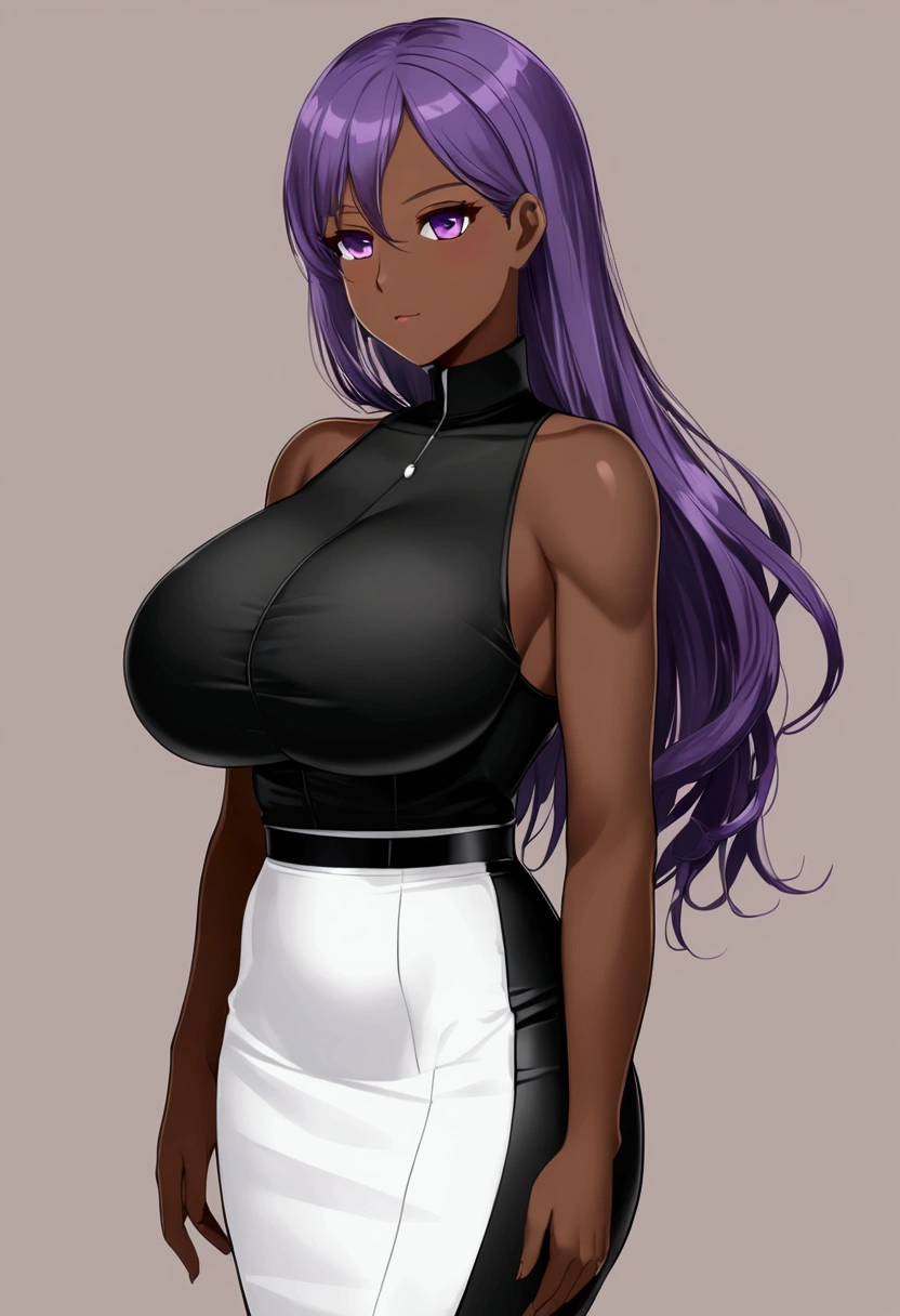 (Women1),(a woman alone),(thin body),(slender body),(structured body),(young mature and large body),(huge bust of breasts),(Long purple hair and long purple eyes),(Dark skin color:1.5),(Big ass),(height 1.68),(sexy body),(mature body),(big and mature and sexual breasts),(wearing),+,(A white sleeveless, collarless blouse showing the shoulders and a short, tight, sexual pencil skirt)